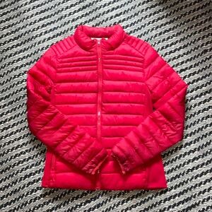 Red puffer jacket